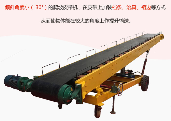 倾斜角度小（ 30°）的爬坡皮带机，在皮带上加装档条、治具、裙边等方式从而使物体能在较大的角度上作提升输送。